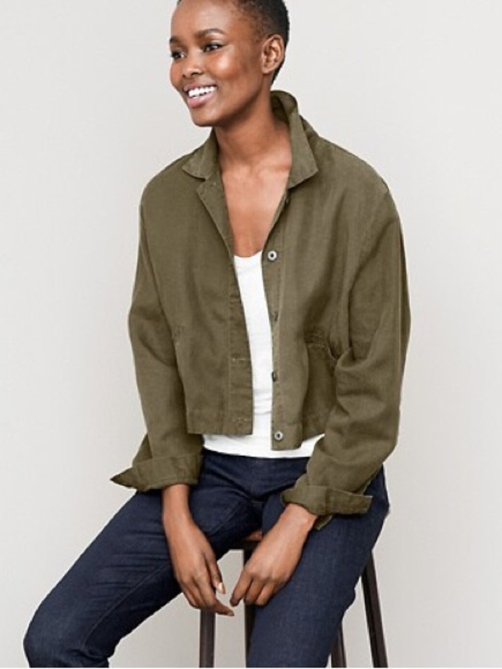 EILEEN FISHER Linen Crop Jacket Olive Green